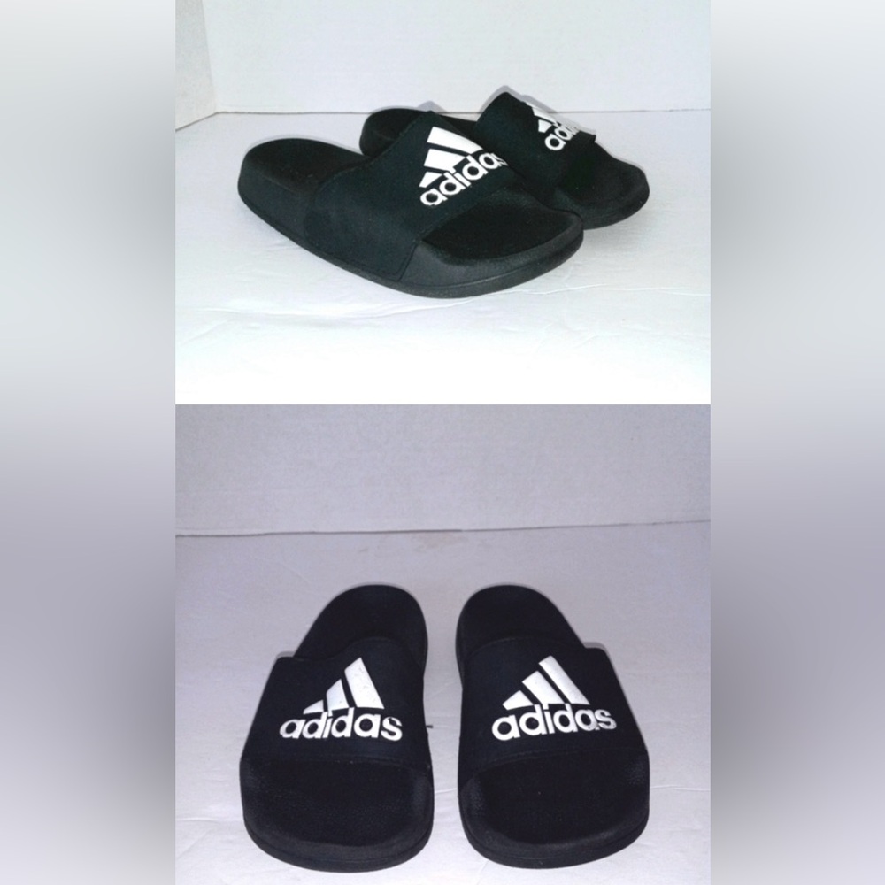Adidas Boys Toddler Black Sandals with black and white print logo.
